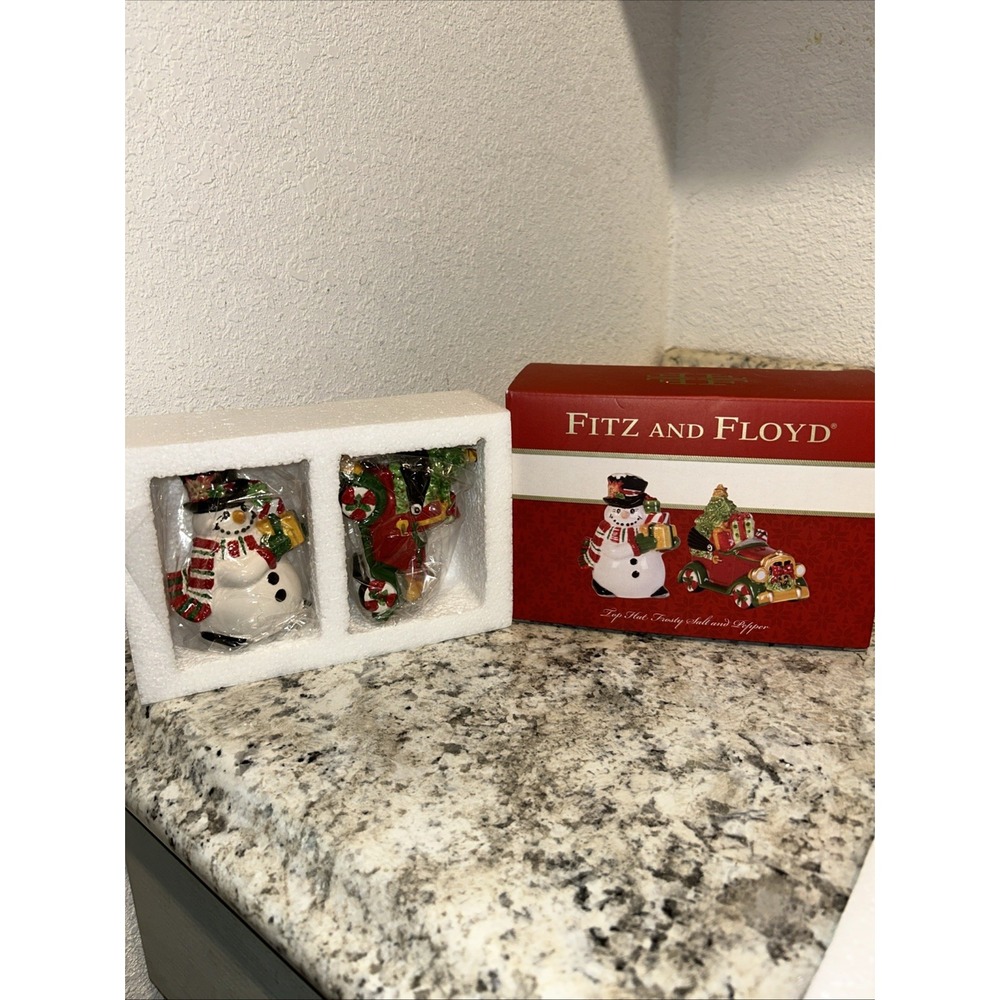 2016 Fitz And Floyd Top Hat Frosty The Snowman Salt Pepper‎ Shakers Christmas B2